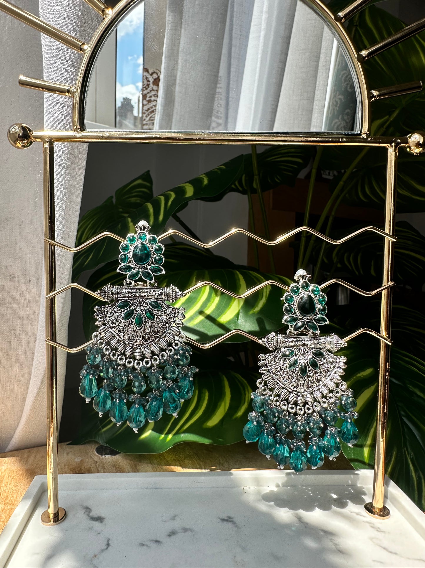 Dark green studded Oxidised silver Chandbali Earrings