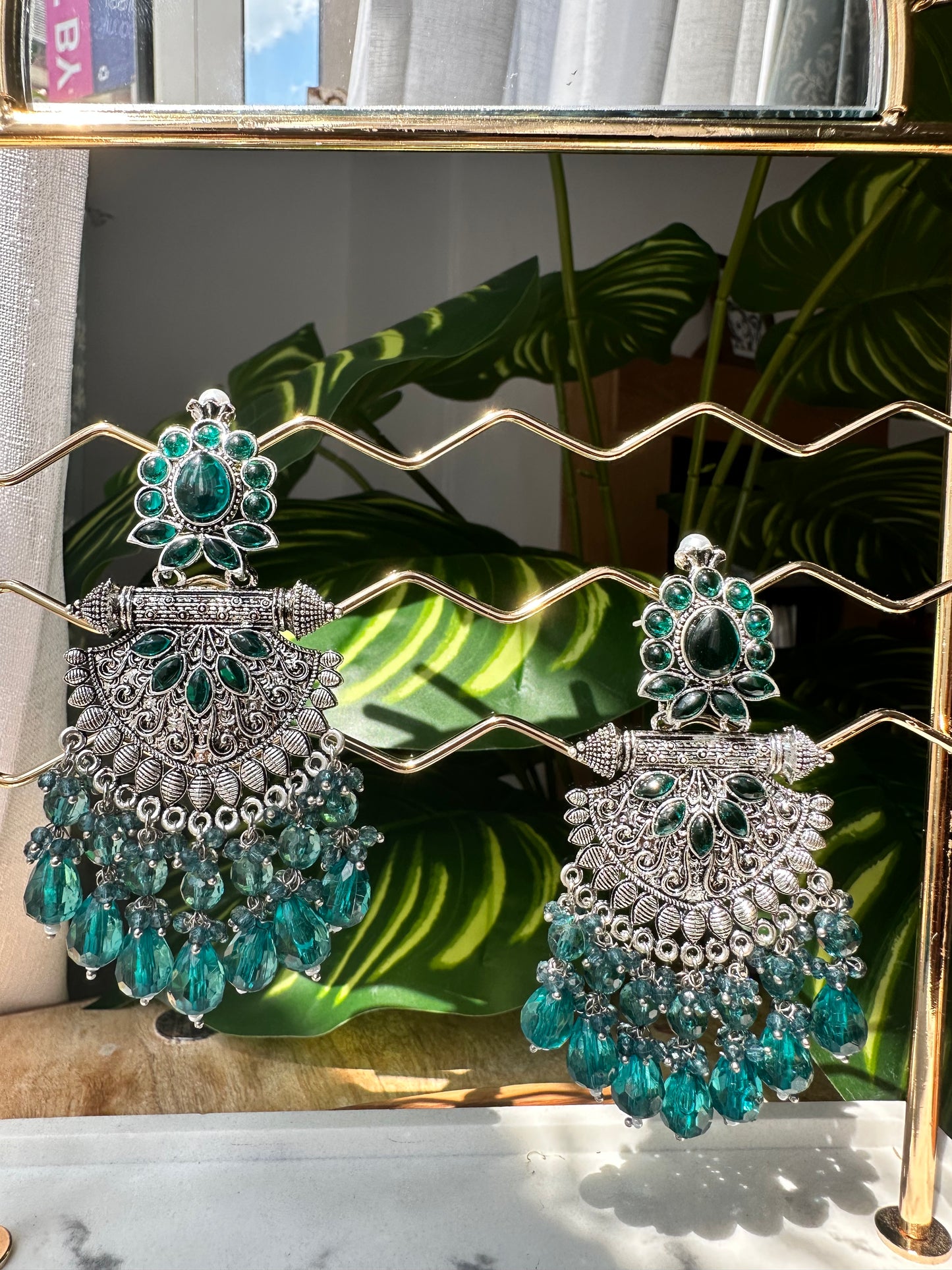 Dark green studded Oxidised silver Chandbali Earrings