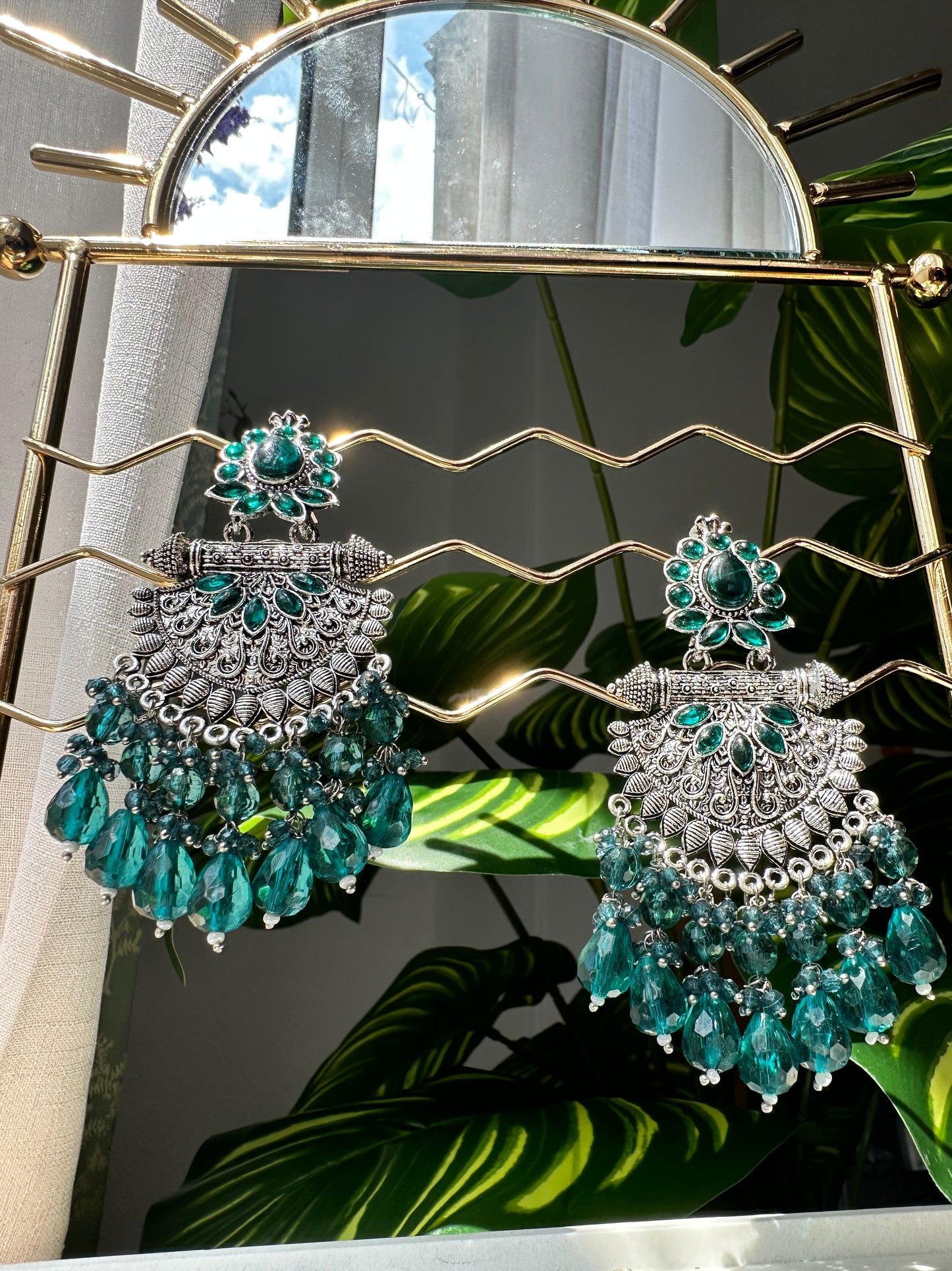 Dark green studded Oxidised silver Chandbali Earrings