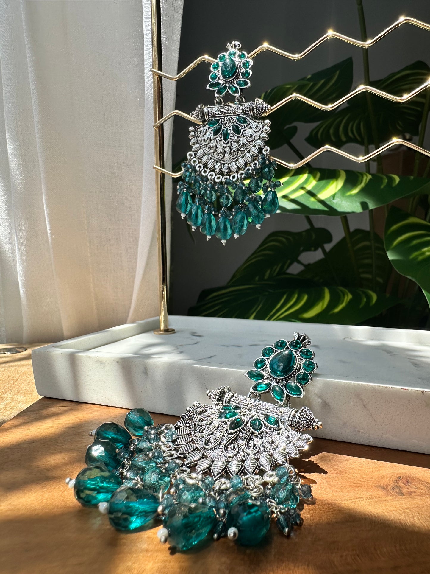 Dark green studded Oxidised silver Chandbali Earrings