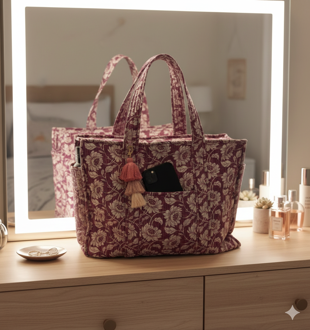 Floral-patterned tote bag on a wooden surface with a mirror in the background