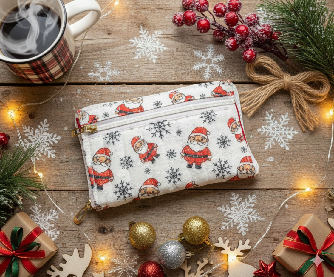 Christmas-themed convertible pouch with Santa Claus design on a wooden surface with festive decorations.