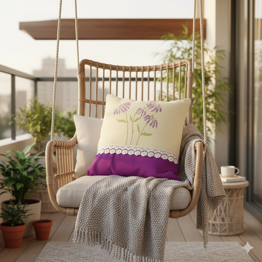 Woven chair with a floral cross-stitch pillow and blanket on a balcony with plants and a cup.