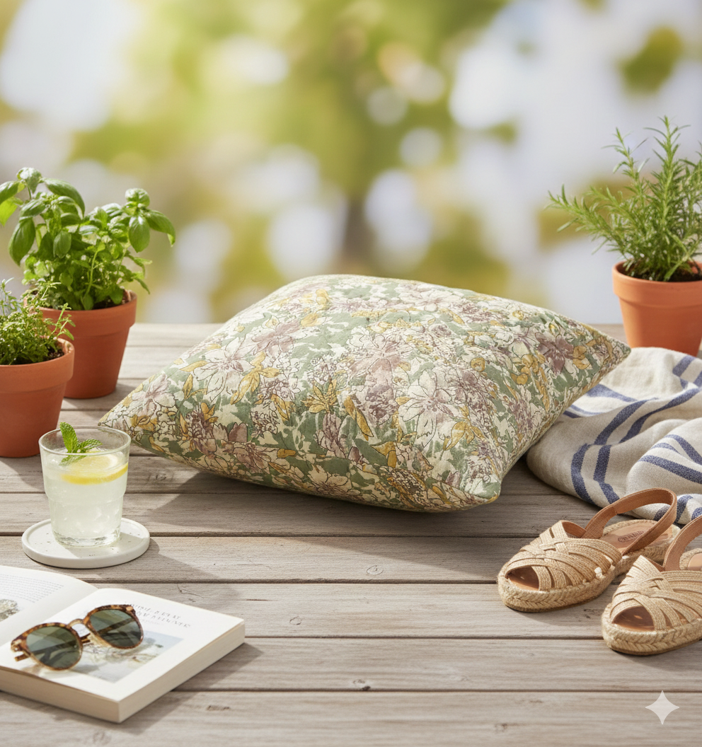 Green floral-patterned pillow on a wooden surface with plants, sunglasses, and sandals in the background.