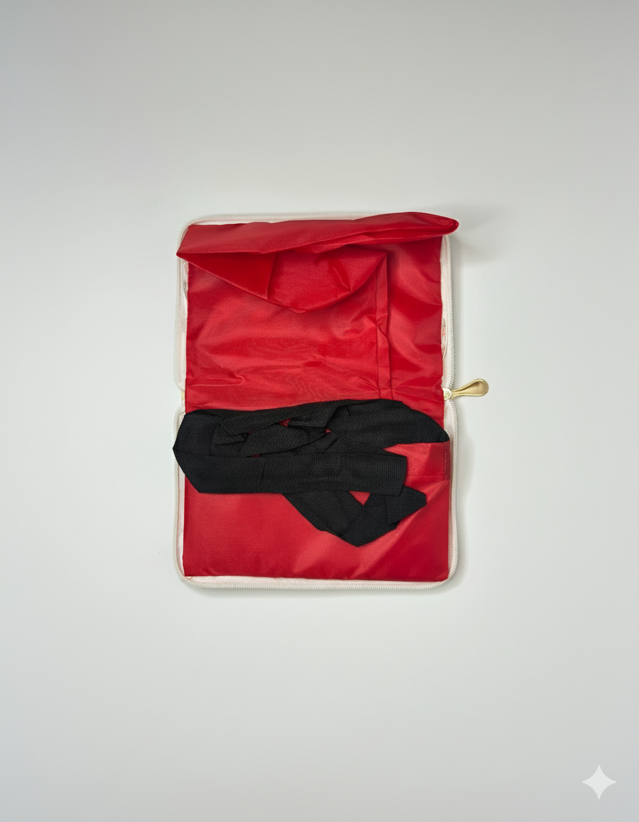 Red shopper bag with with a black handle folded into a zipper bag on a white background
