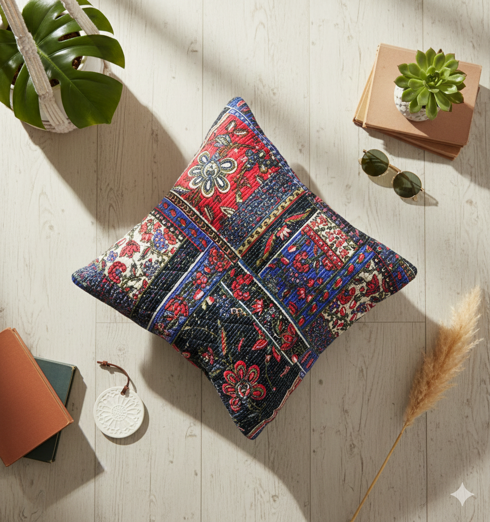 Quilted Patchwork decorative pillow with patchwork design on a wooden floor with books and plants.