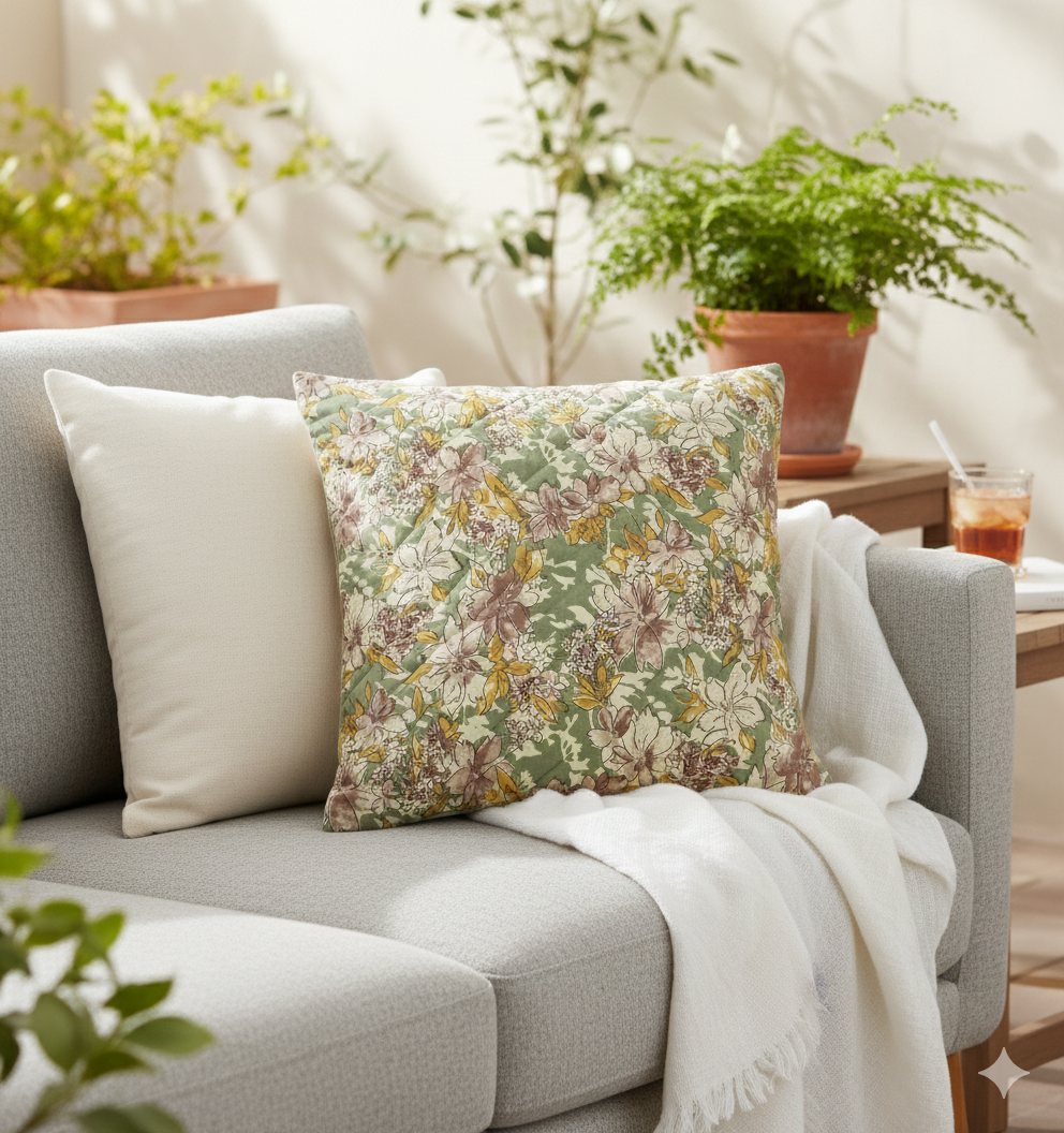 A green floral-patterned pillow on a gray sofa with plants in the background