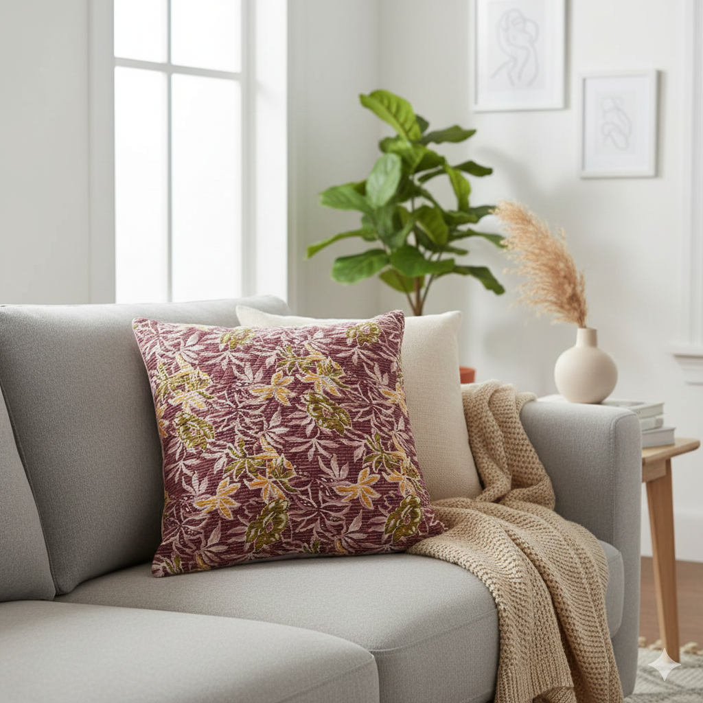 Floral pillow on a gray sofa with a plant and side table in the background