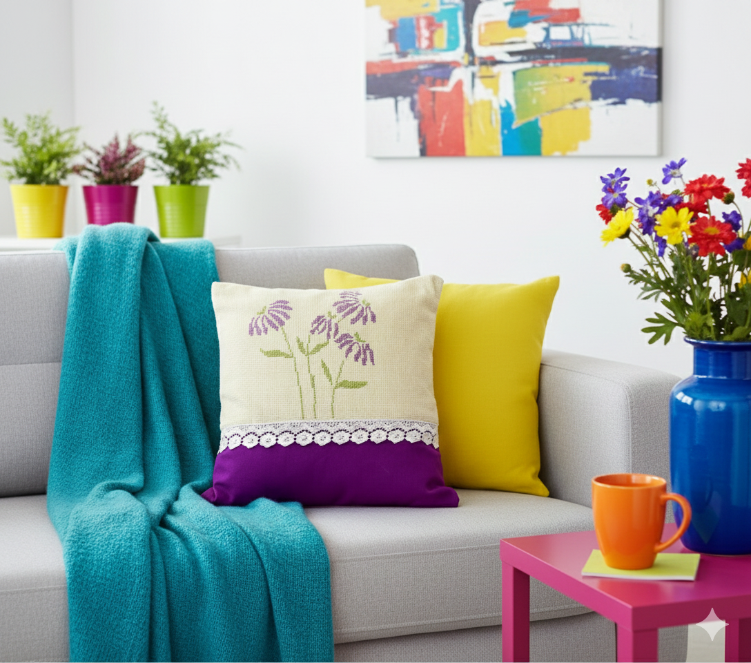 Colourful living room with a couch, purple floral cross-stitch pillows, and decorative items.