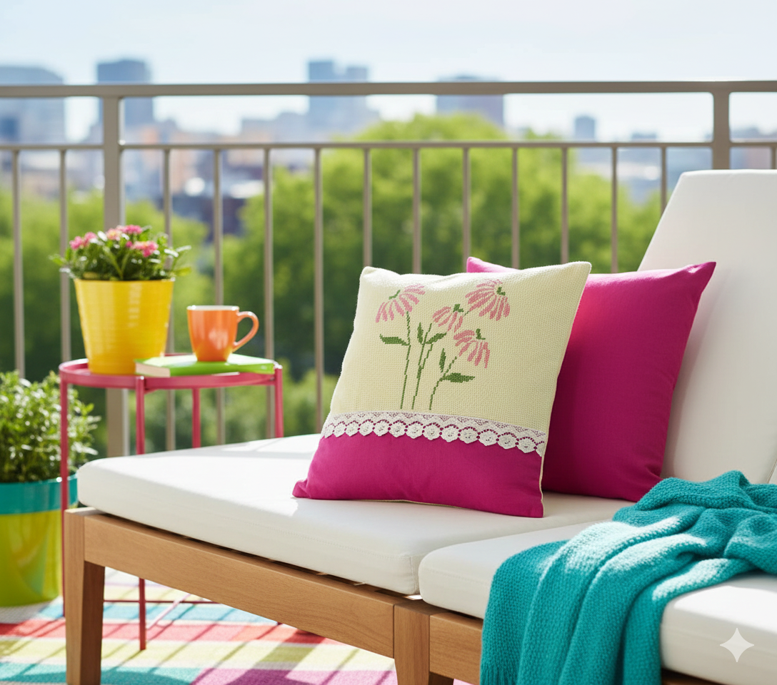 Outdoor seating area with colourful pink floral cross-stitch cushions and a cityscape view
