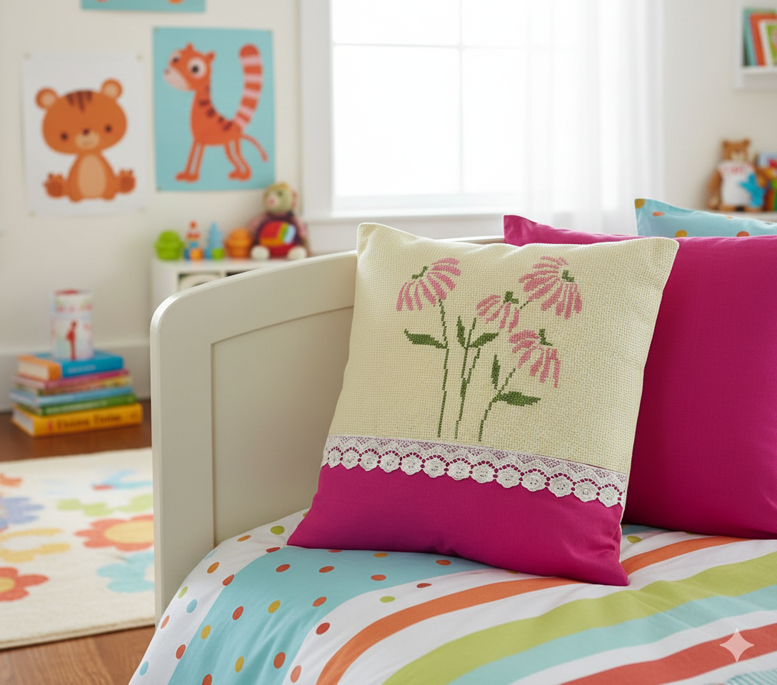 Children's room with colorful bedding and pink cross-stitch floral pillows