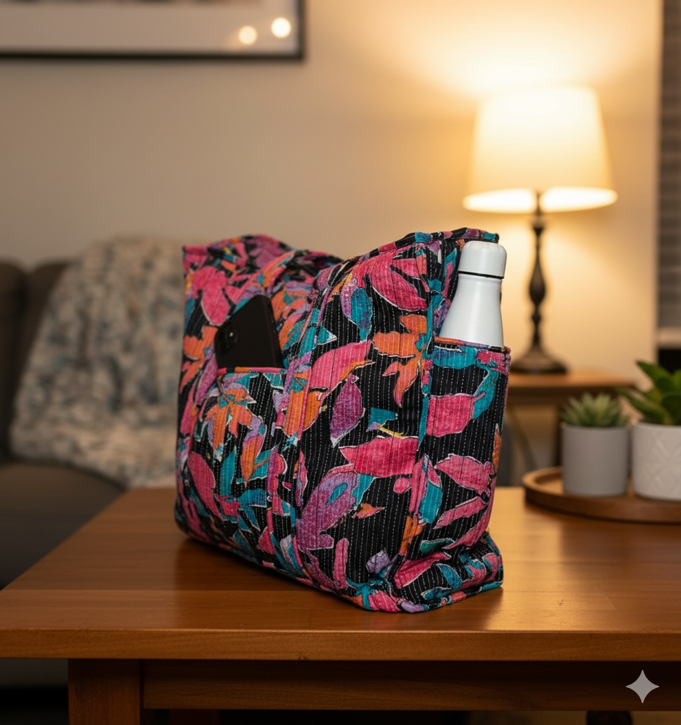 A colourful floral-patterned bag on a wooden table with a blurred indoor background