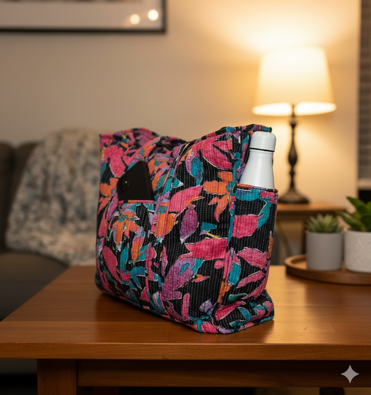 A colourful floral-patterned bag on a wooden table with a blurred indoor background