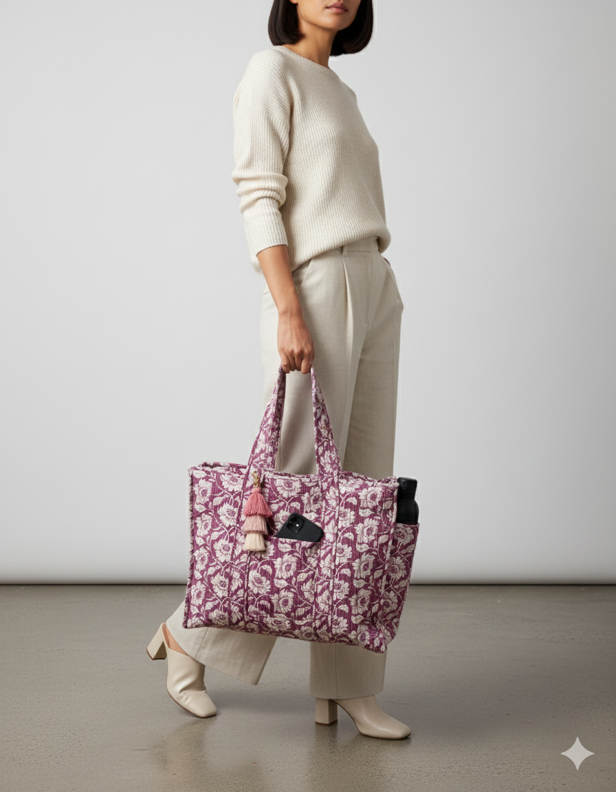 Woman holding a patterned floral tote bag against a plain background