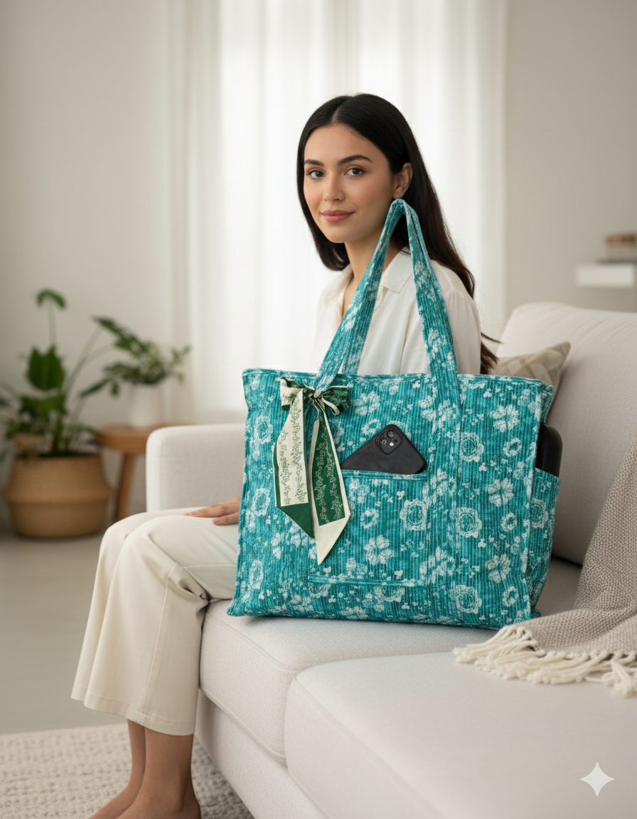 Woman sitting with a turquoise floral tote bag in a living room setting