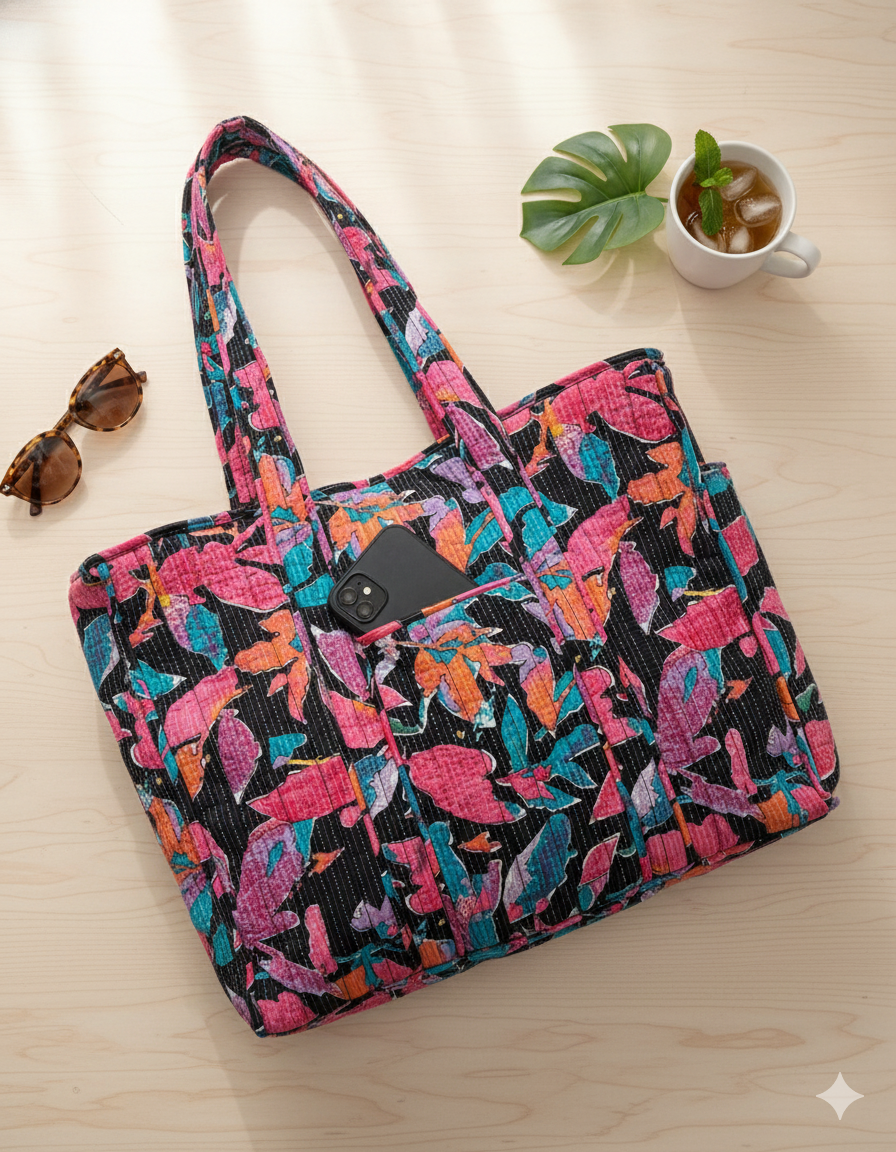 A colourful floral patterned tote bag on a light wooden surface with sunglasses and a cup.