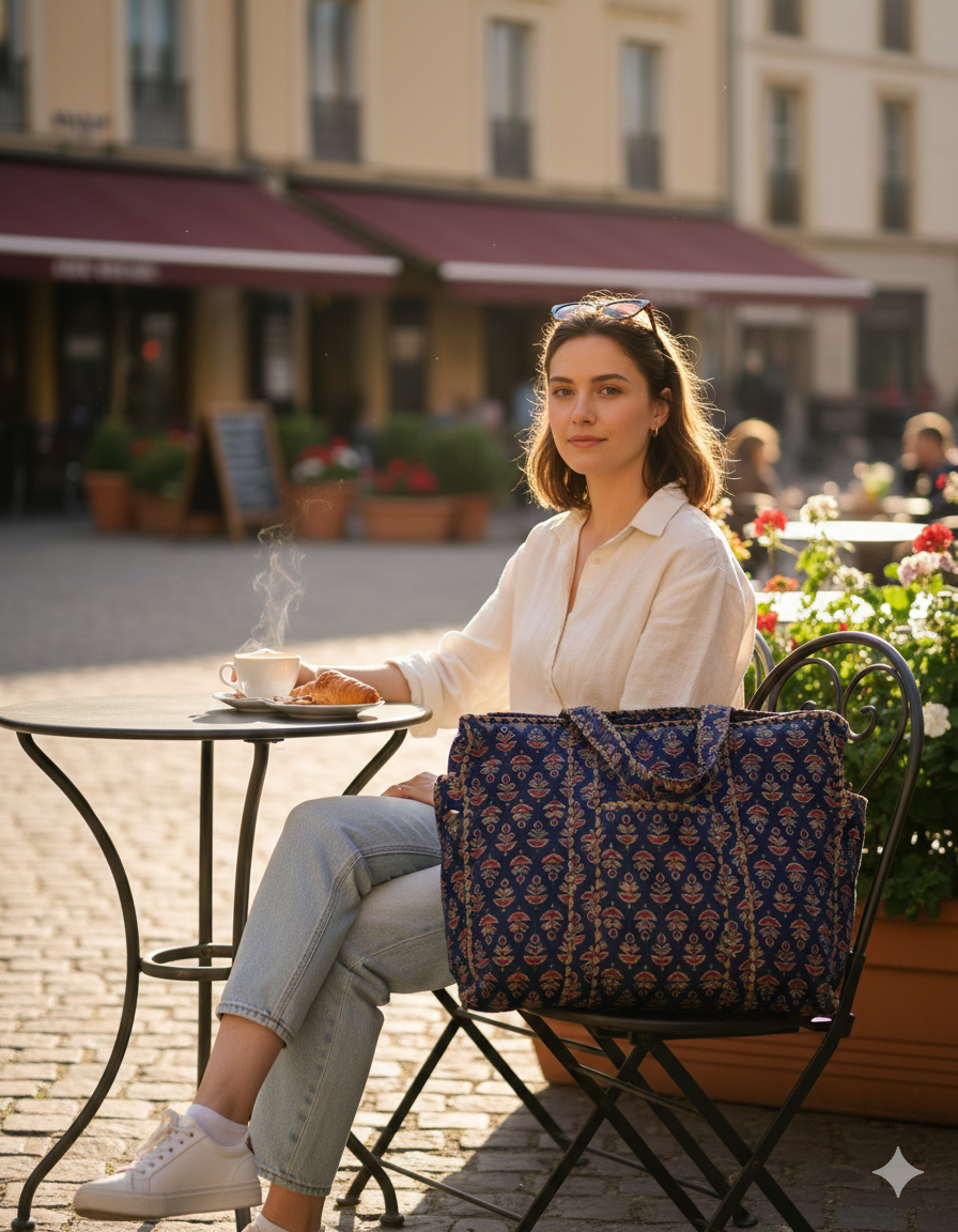 Woman sitting at an outdoor cafe table with a Indie patterned quilted handmade zippered tote bag, holding a cup of coffee.