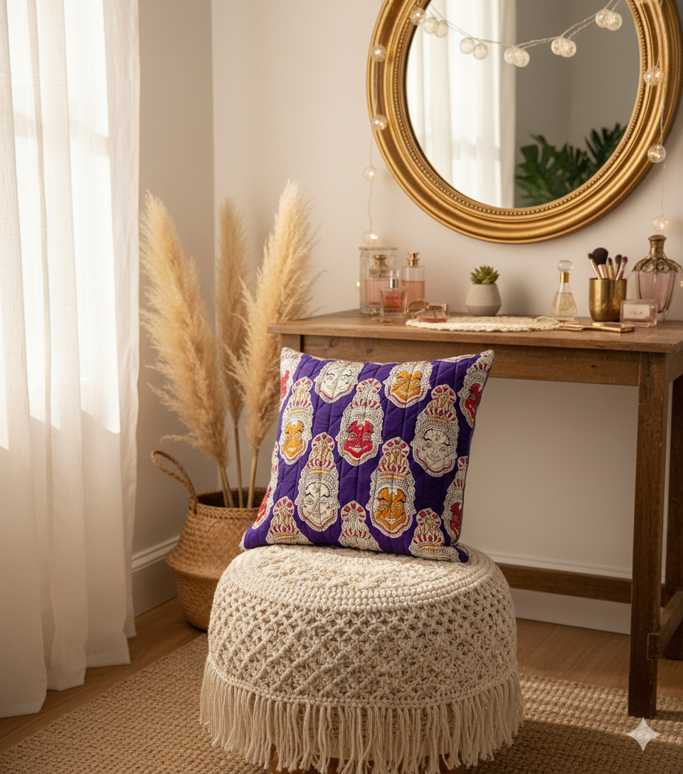 Decorative face-patterned quilted cushion on a boho stool with a wooden table and mirror in the background