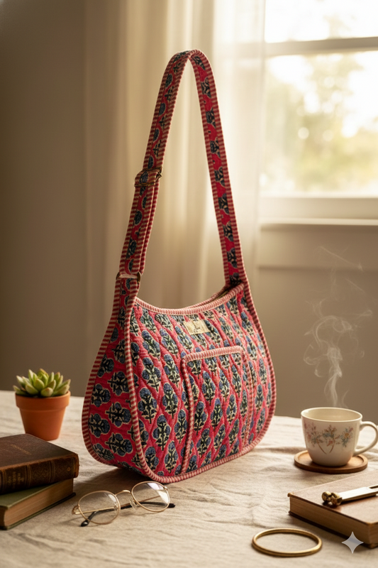 Pink and blue quilted crossbody floral bag with adjustable straps and front pocket on a table with books, glasses, and a cup.