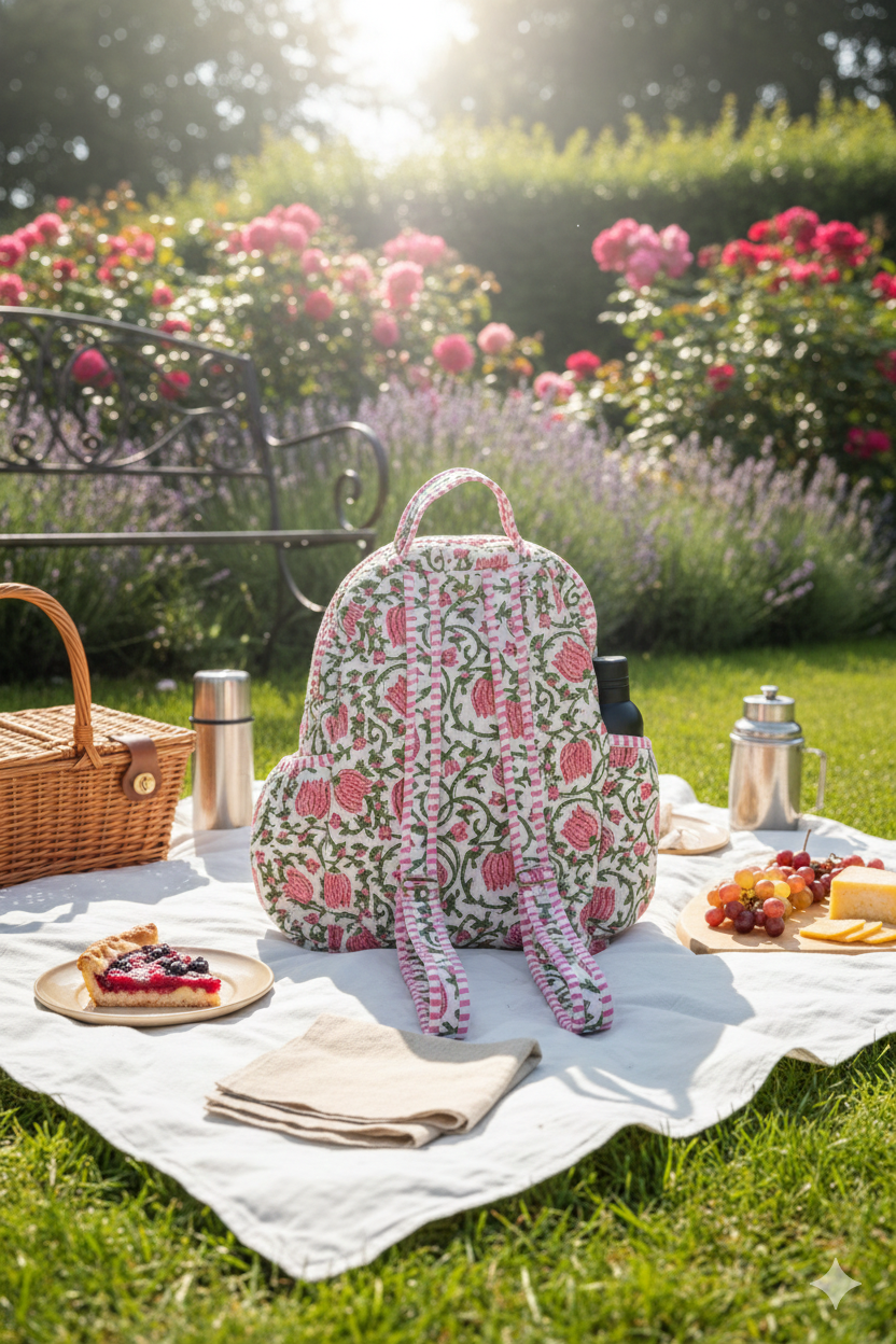 Floral-patterned quilted backpack with adjustable straps on a picnic blanket with food and drinks in a garden setting