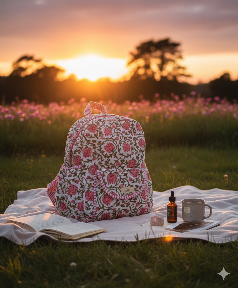 cotton floral patterened quilted Backpack on a blanket with a sunset, book, mug, and bottle in a field.