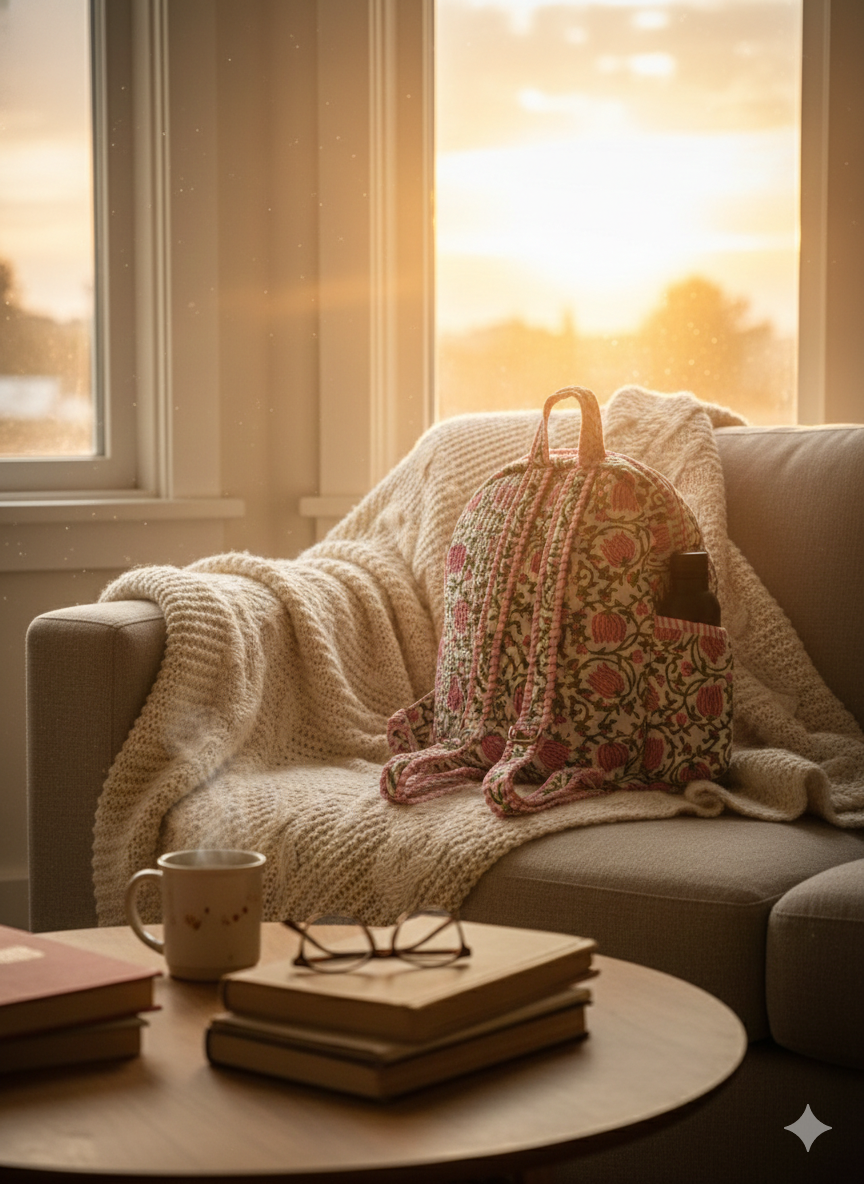 Lotus Floral-patterned quilted cotton backpack on a couch with a blanket, books, and a mug in a cozy room.