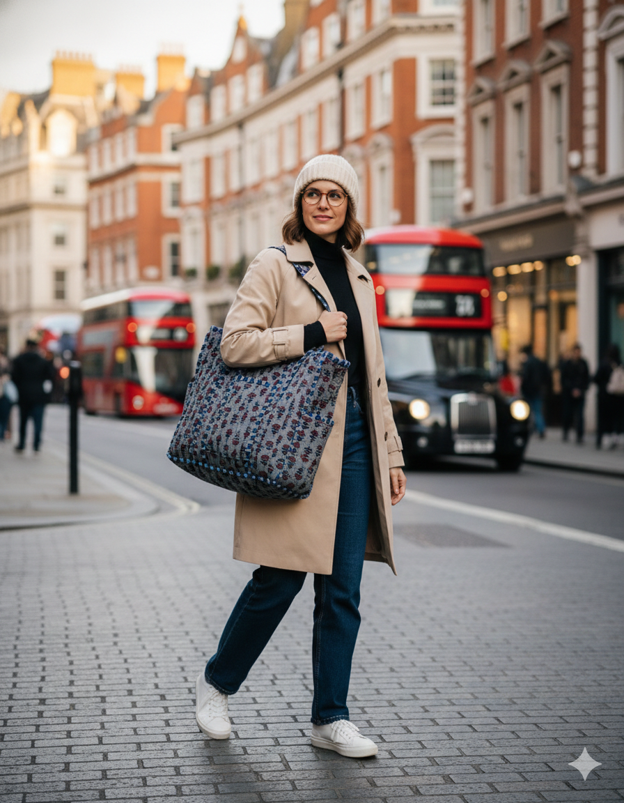 Woman carrying a quilted zippered tote bag, walking on a city street of London with double-decker buses in the background