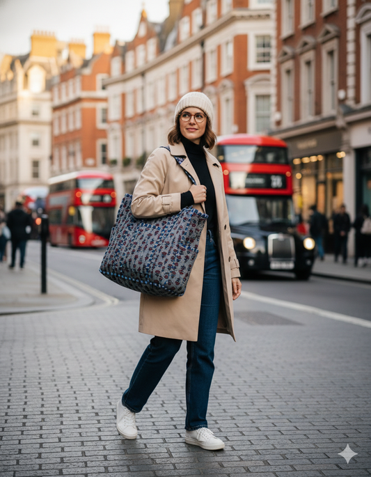 Woman carrying a quilted zippered tote bag, walking on a city street of London with double-decker buses in the background