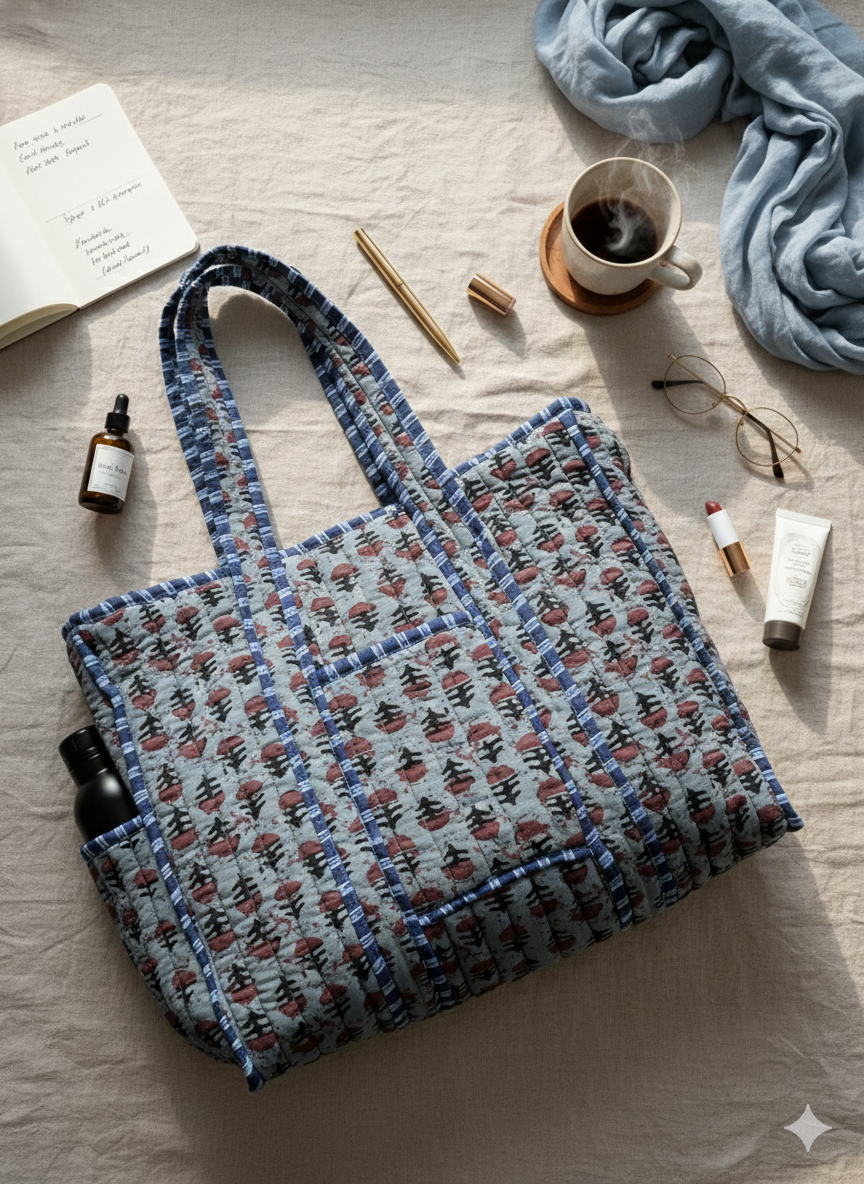 Indie Patterned quilted tote bag with front and side pockets on a surface with a cup, book, and other items.