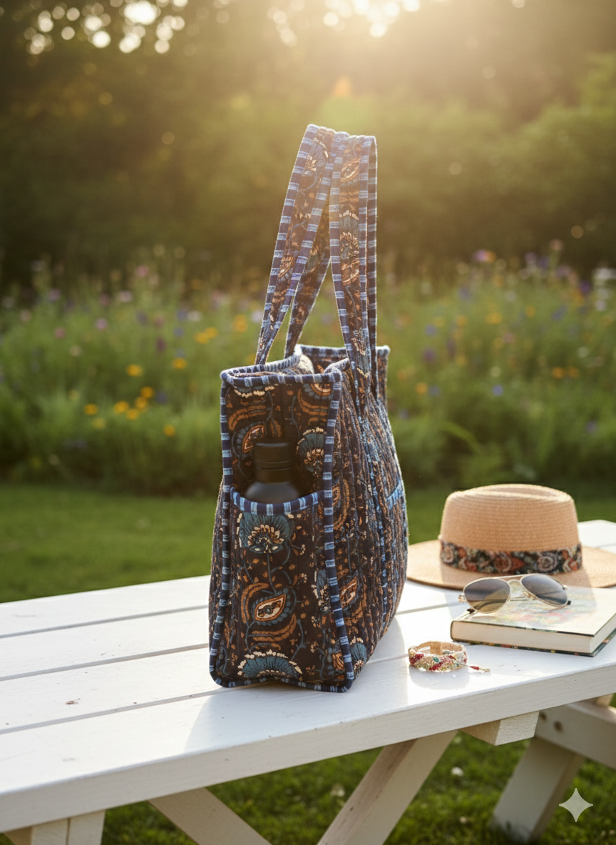 Patterned zippered quilted tote bag facing sides with a bottle in its side pocket on a white table outdoors with a hat and sunglasses.
