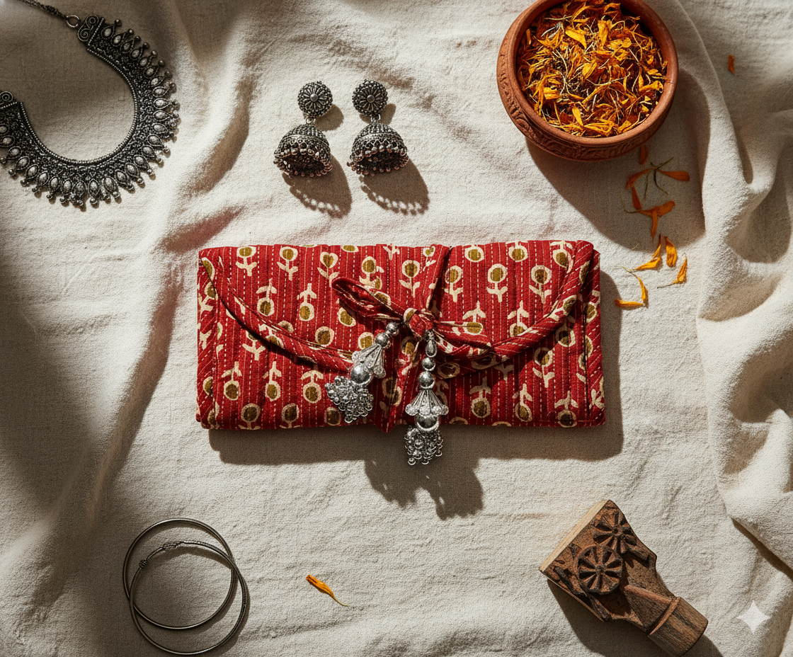 Red patterned foldable jewellery organiser with silver tassel, surrounded by silver jewelry on a textured surface