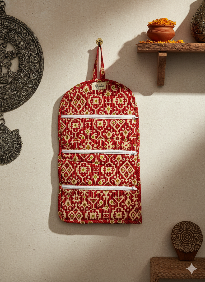 A red patterned jewellery organiser bag unfolded into 3 zippered sections, hanging on a beige wall with decorative elements.