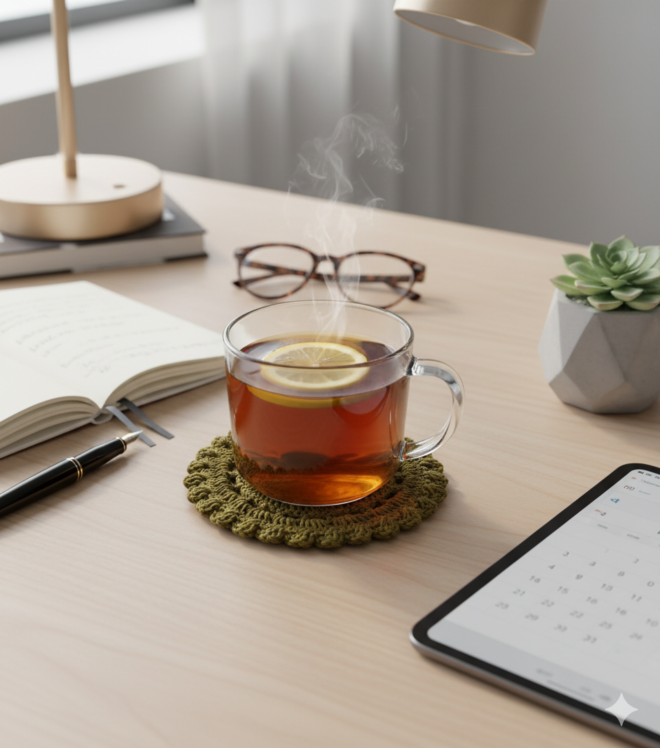 A teacup with lemon on an olive green crochet coaster on a desk with glasses, a notebook, and a tablet.