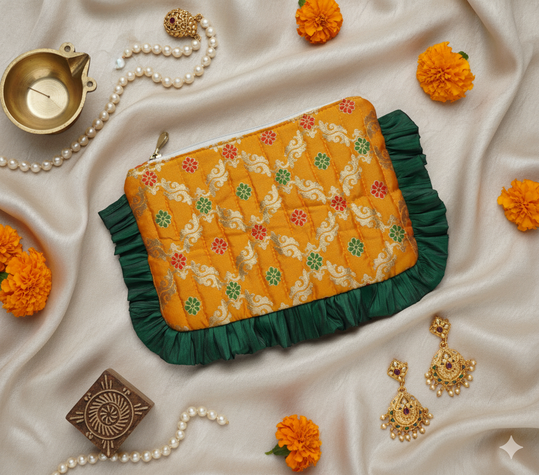 Orange and green Ruffled Quilted pouch with a floral pattern on a textured fabric background with jewellery and marigold flowers.
