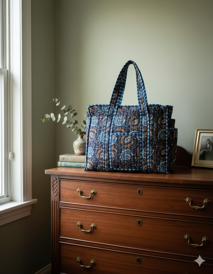 Blue paisley patterned quilted zippered tote bag on a wooden dresser with a window and framed picture in the background.