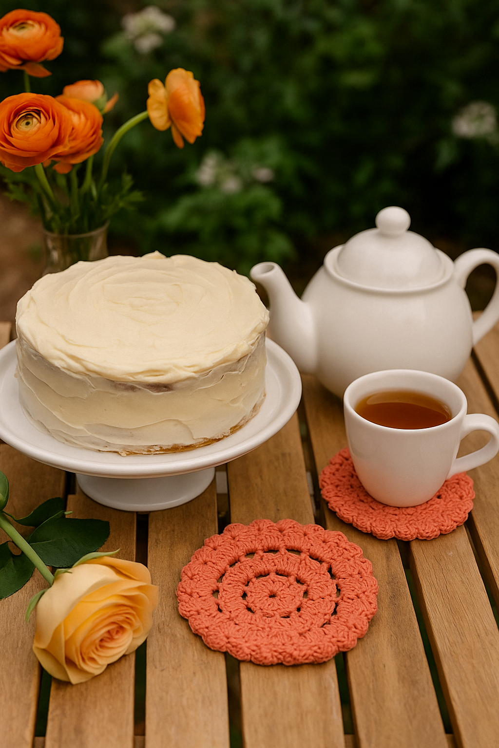 Cake, teapot, and cup of tea on a peach crochet coaster on a wooden table with flowers in the background