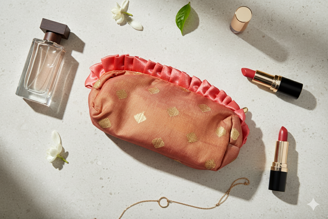  Ruffled Makeup bag with lipsticks, perfume, and flowers on a light surface