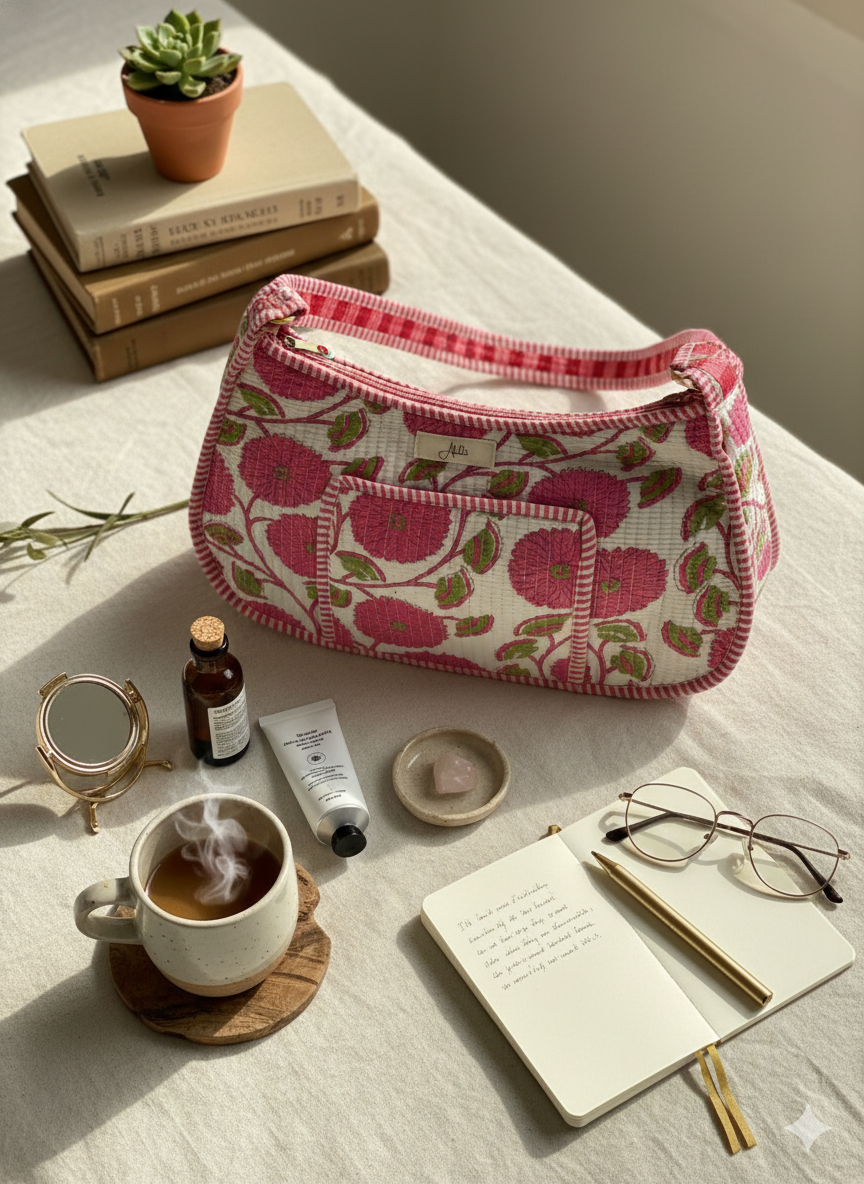 Pink and white floral patterned crossbody bag with adjustable strap on a table with a cup of tea, books, and other items.
