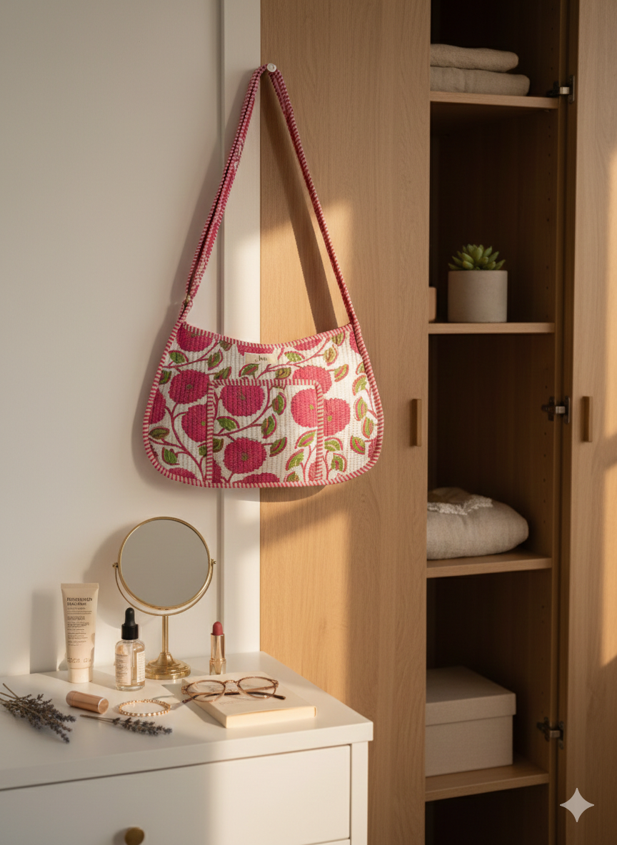 Crossbody bag with big floral pattern hanging on a wardrobe door next to a dresser with beauty products.