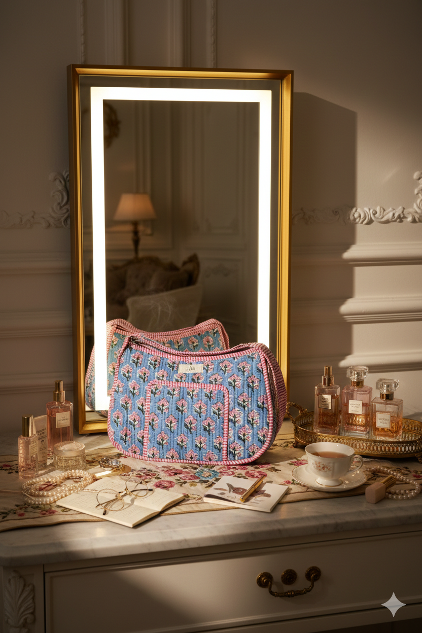 Decorative mirror with a embroidered quilted floral quilted crossbody bag on a dresser with various items.