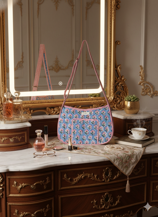 Blue and pink floral quilted crossbody bag with adjustable straps and front pocket on a marble vanity with a mirror and various items.