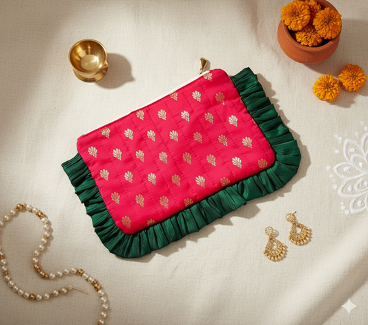 Pink and green ruffled quilted clutch with gold patterns on a light background with jewellery and flowers.