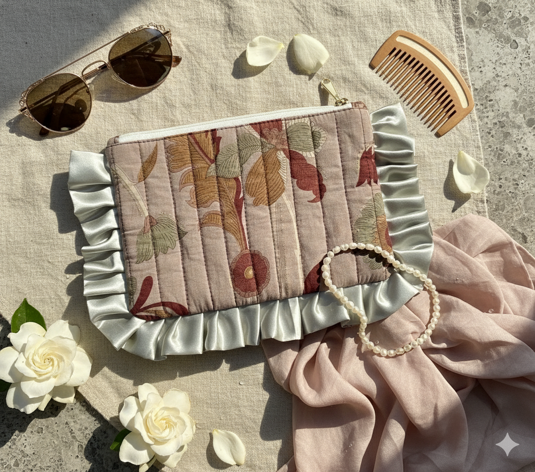 Floral-patterned quilted pouch with ruffled edge, sunglasses, comb, and flowers on a textured surface