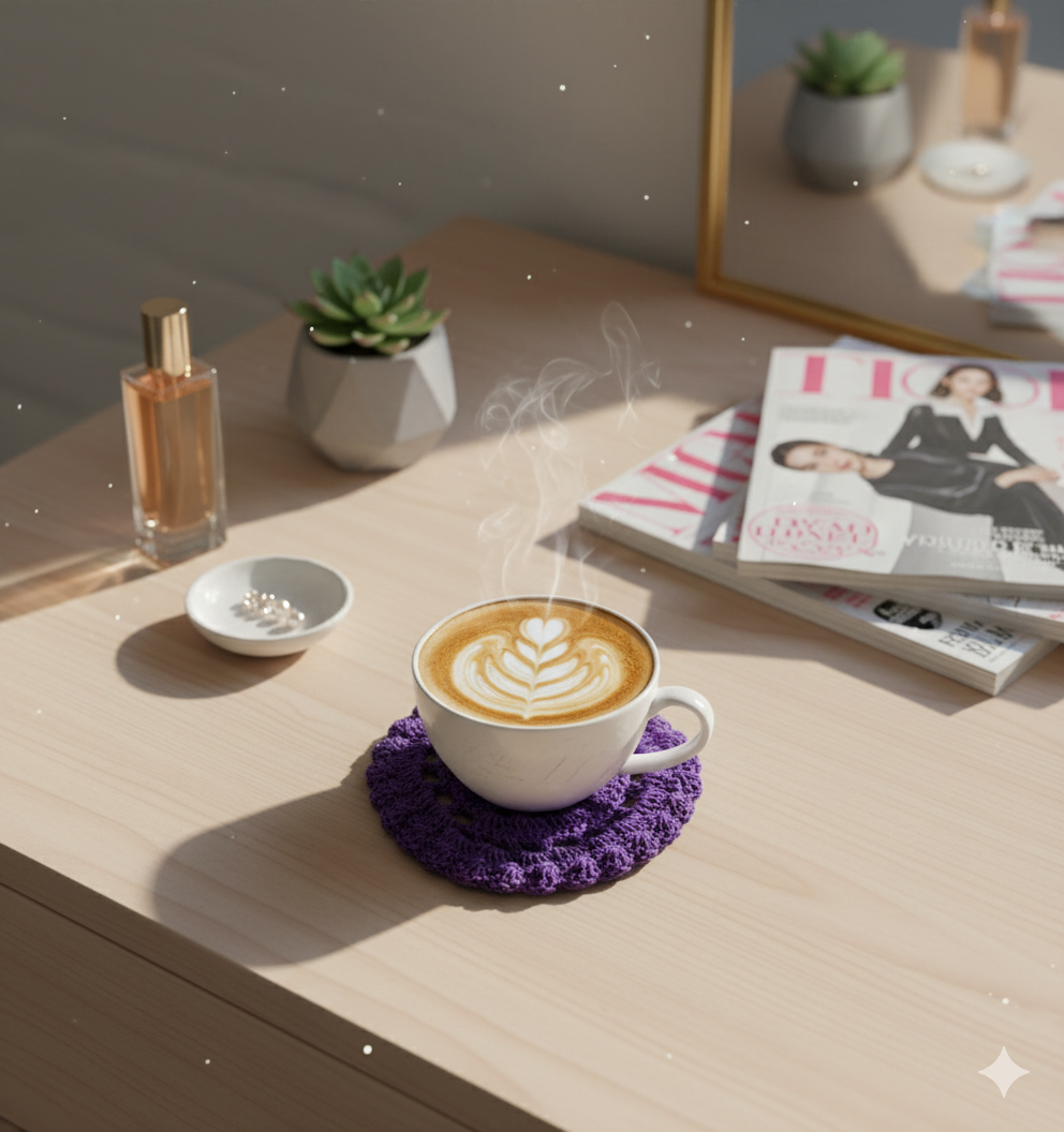 Steaming cappuccino on a purple crochet coaster with a desk setting including a magazine and small plants.