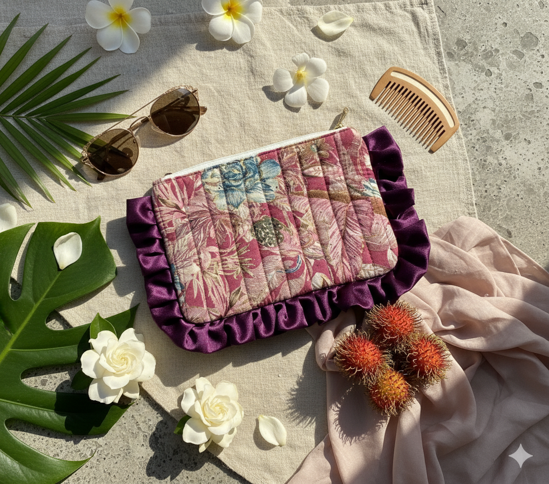 Floral-patterned quilted ruffled pouch with purple trim on a textured surface with flowers, leaves, sunglasses, and a comb. 