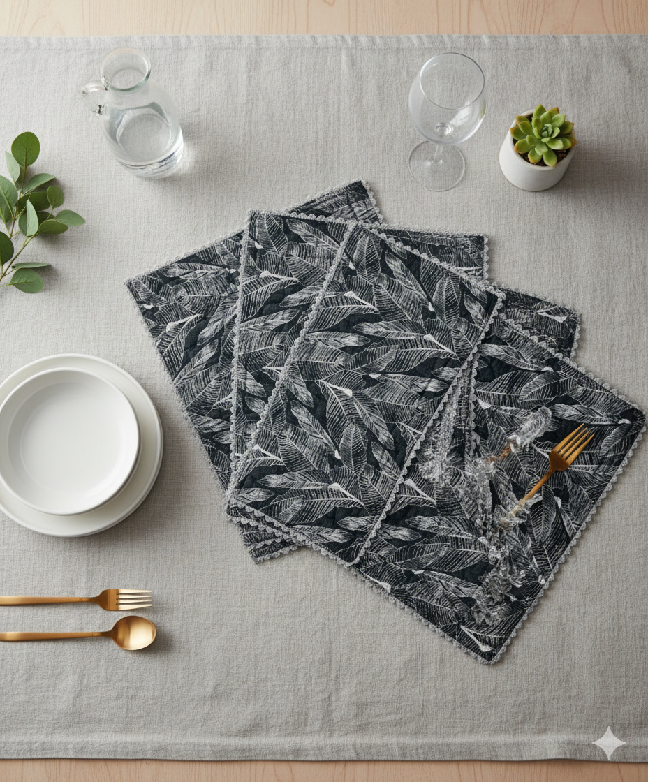 Set of grey and white leaf-patterned placemats on a grey tablecloth with diningware.