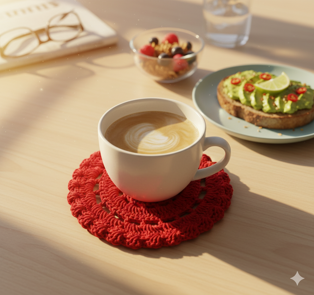White mug with coffee on a red crocheted coaster, avocado toast, and berries on a wooden table.