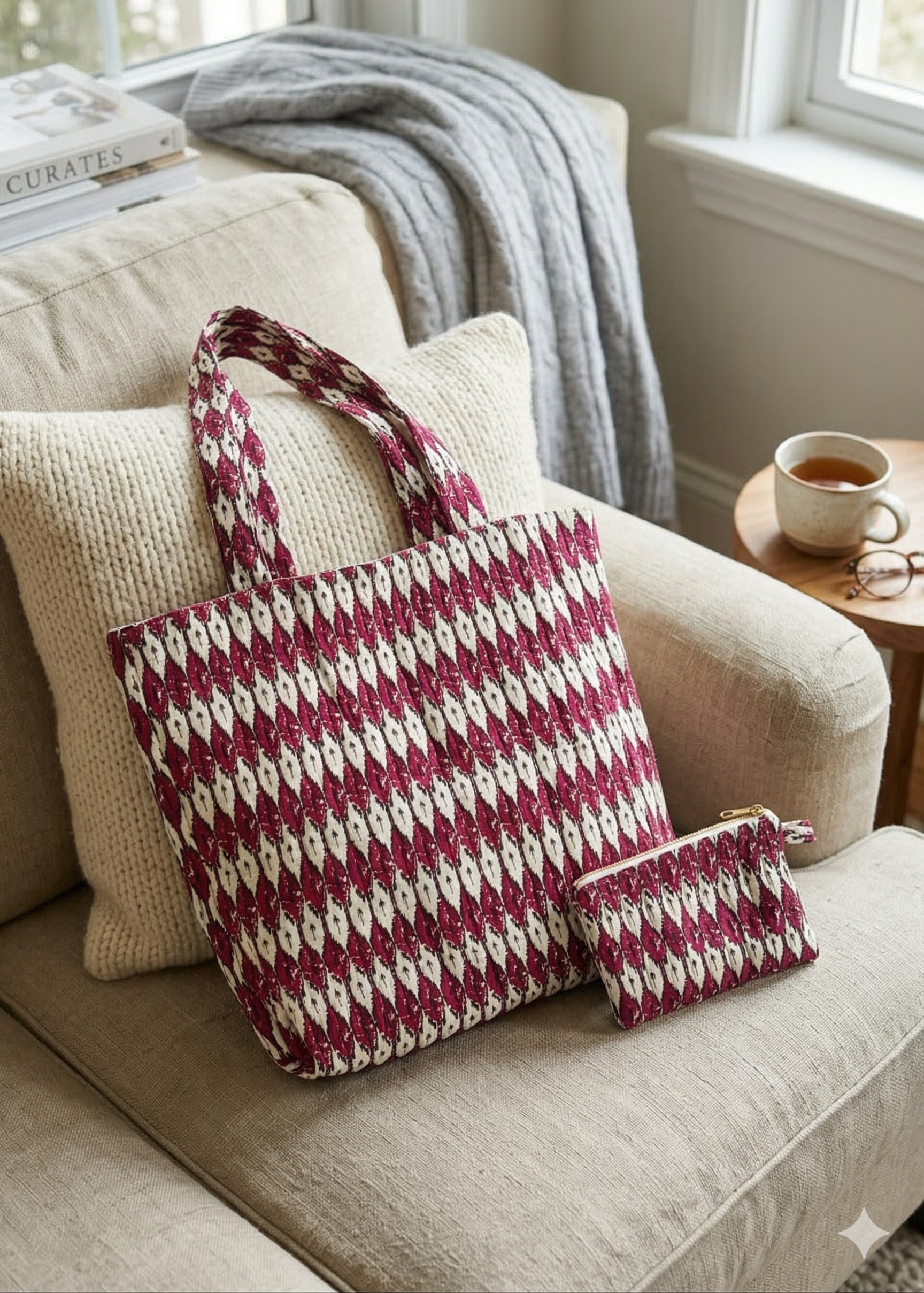 A red beige and black combination patterened quilted tote bag with matching pouch on a sofa setting