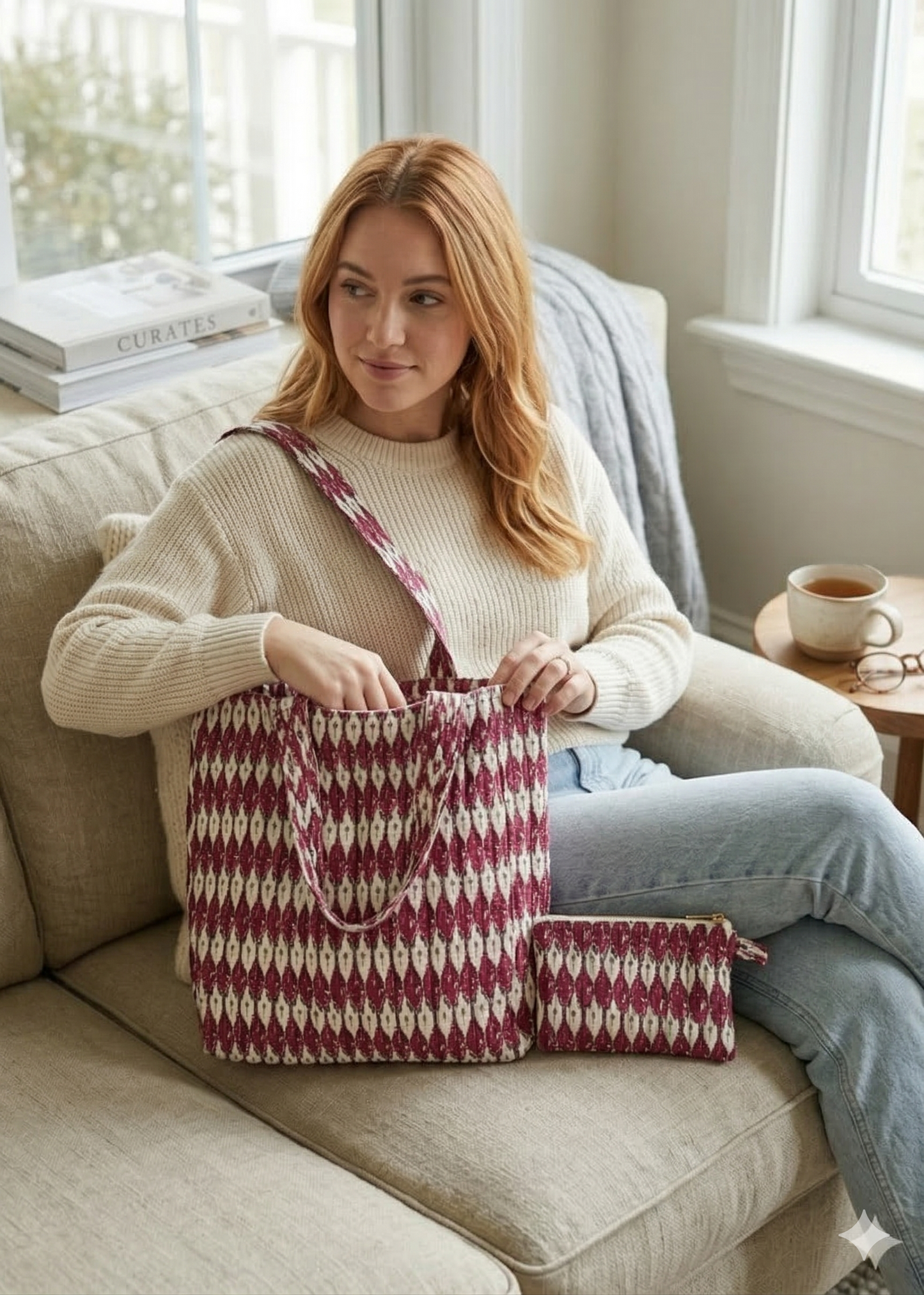 Woman sitting on a couch holding a red, beige, black patterned bag and matching pouch