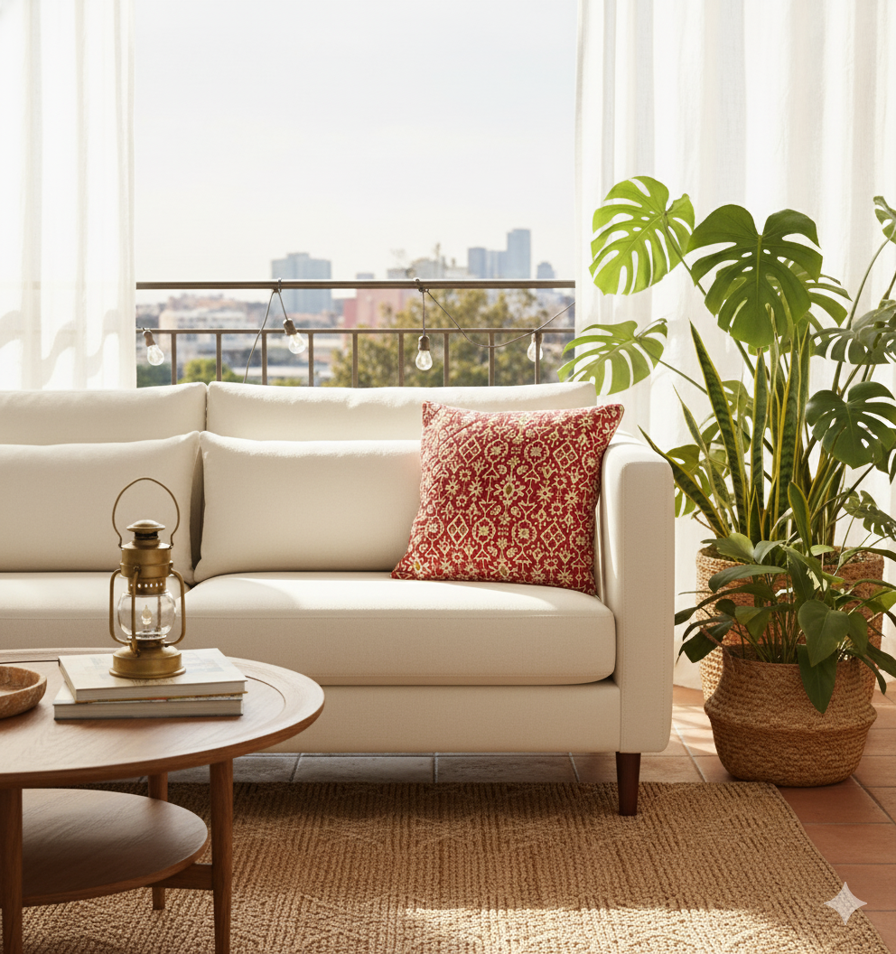 Living room with a white sofa, red patterned cushion, and plants.